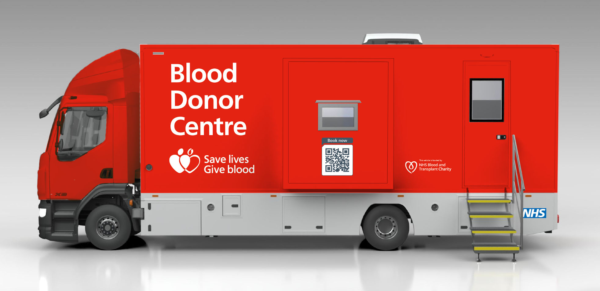 Virtual 3D depiction of the Mobile Blood Donor Centre, a red lorry with building on the back, the words 'Blood Donor Centre' printed on the side