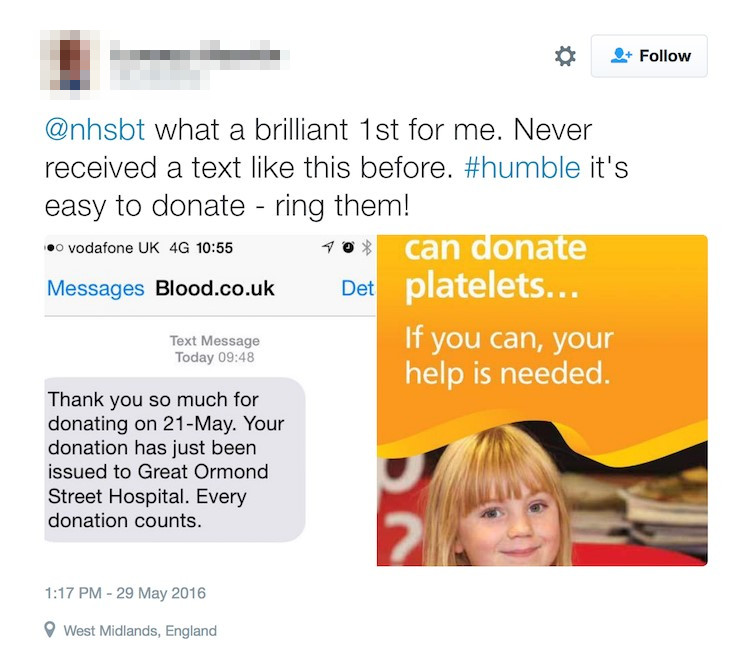 A tweet from an appreciative donor